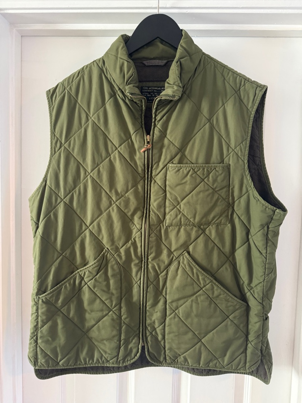 J. Crew Quilted Olive Vest with Stand Collar